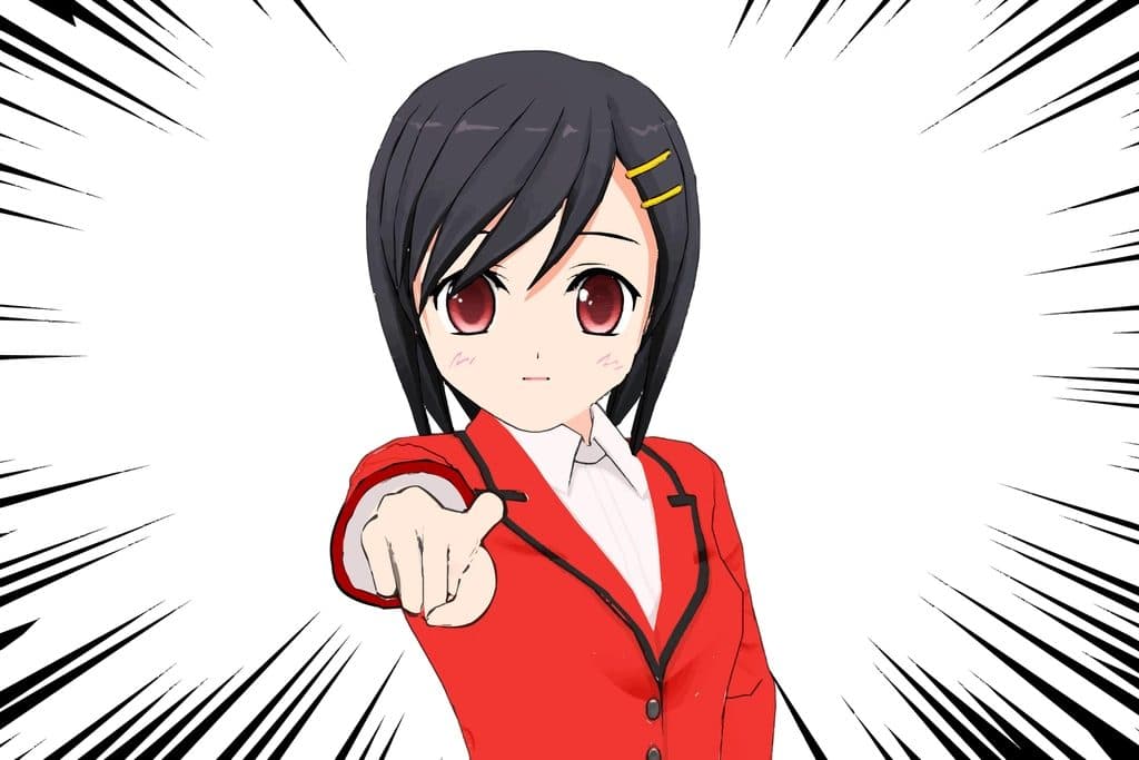 Illustrazione in stile anime di una ragazza che indica, con linee cinetiche sullo sfondo