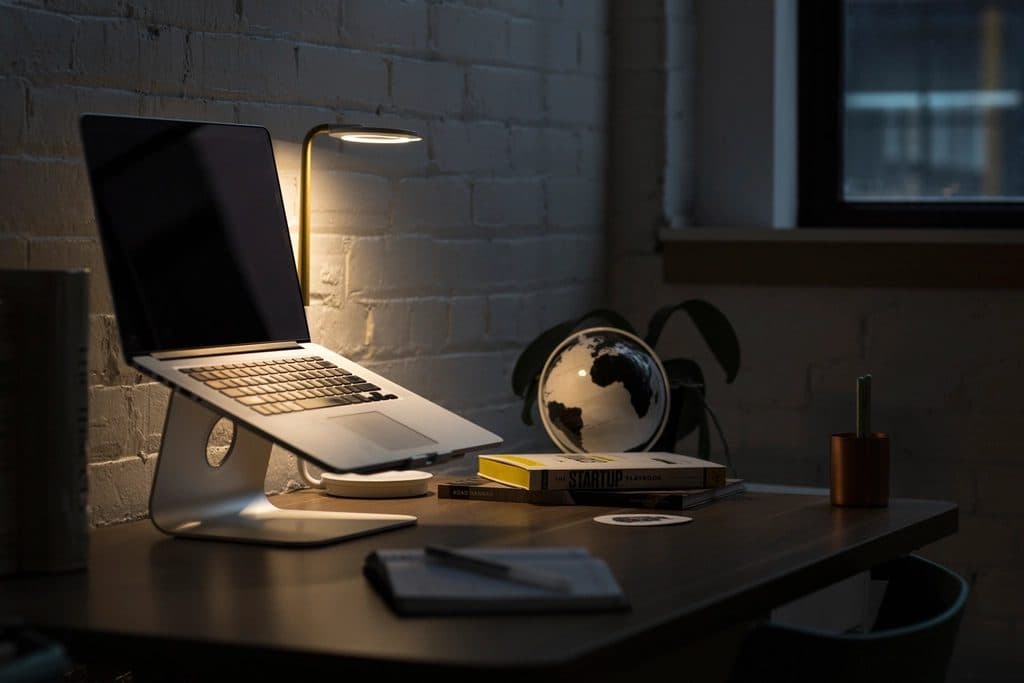 Open laptop on a desk at night