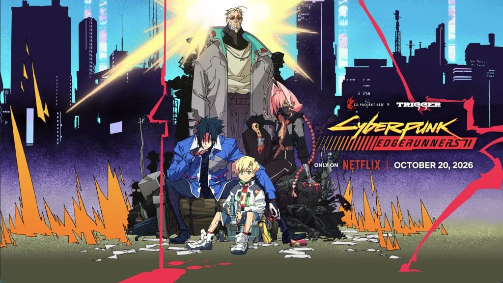 Arte oficial de Cyberpunk: Edgerunners 2 com os quatro protagonistas diante dos prédios de Night City e a data de 20 de outubro de 2026 na Netflix