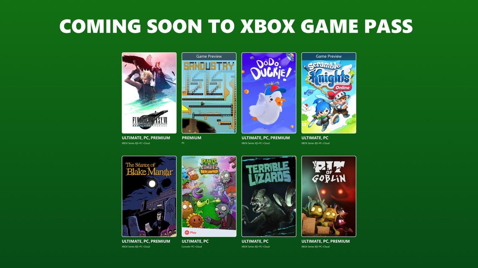 Xbox Game Pass promotional art with the covers of the eight games arriving in late October, including Final Fantasy VII Remake Intergrade