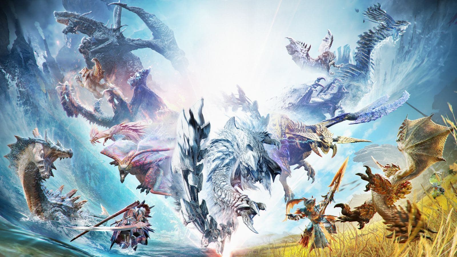 Arte oficial de Monster Hunter Wilds con varios monstruos gigantes atacando a cazadores, mitad sobre el mar y mitad sobre un campo dorado