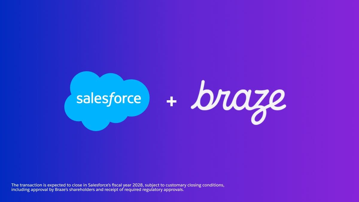 Logos da Salesforce e da Braze lado a lado, unidos por um sinal de mais, sobre fundo azul e roxo