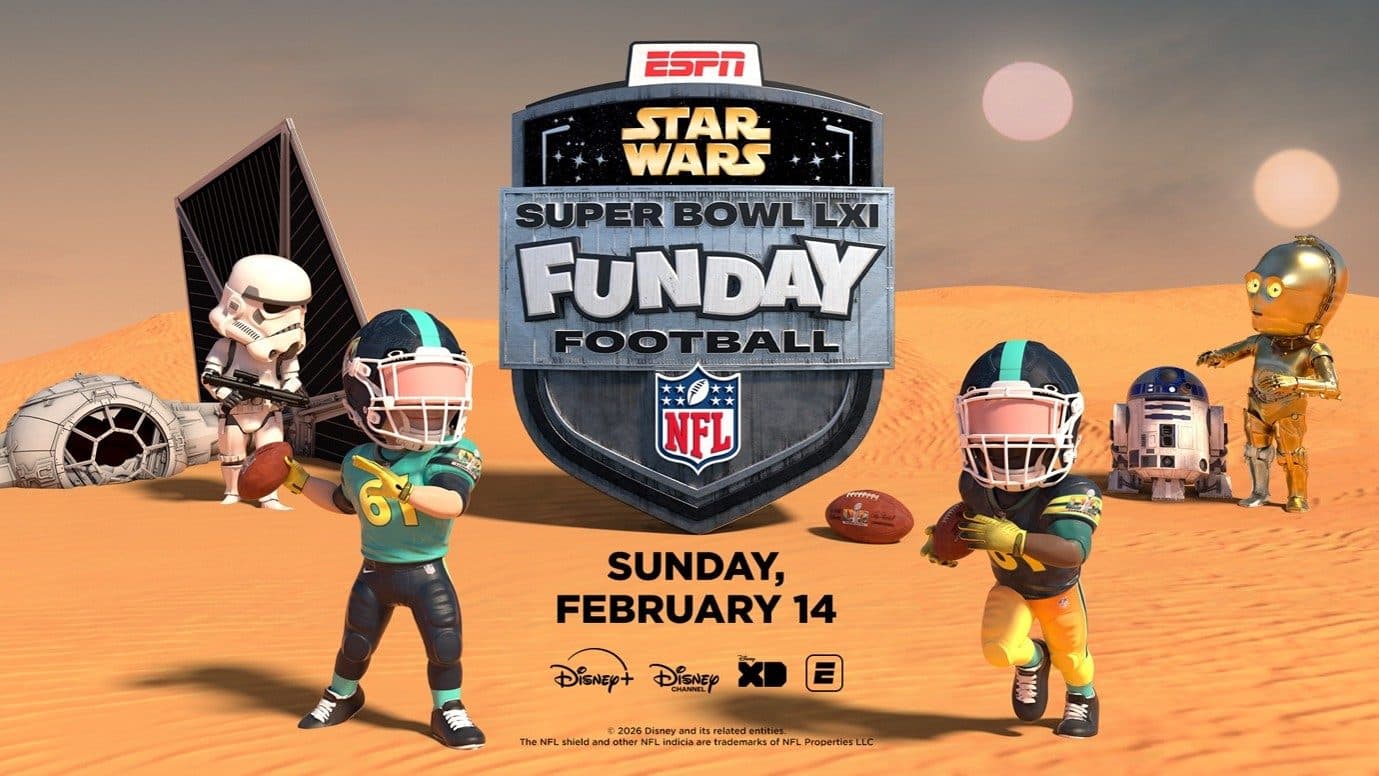 Star Wars Funday Football promotional art: a Super Bowl LXI shield in a desert with animated players, a stormtrooper, R2-D2 and C-3PO